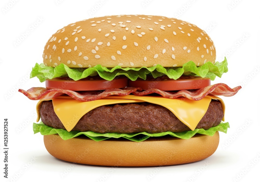 A juicy cheeseburger with lettuce, tomato slices, bacon, melted cheese, and a toasted bun isolated on white background A juicy cheeseburger with lettuce, tomato slices, bacon, melted cheese, and a toasted bun isolated on white background