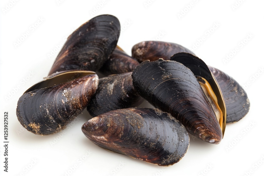 Freshly harvested mussels arranged on a clean white surface, ideal for culinary or still life photography Freshly harvested mussels arranged on a clean white surface, ideal for culinary or still life photography
