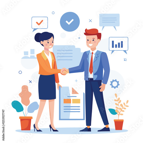People shaking hands at work - Two businesspeople, man and woman doing handshake in office at work while smiling over business agreement and deal. Flat design stock illustration on white background