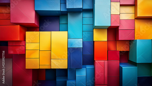 a bold abstract composition with large blocky shapes in vibrant primary colors layered over a textured monochrome background