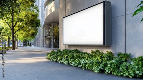 Empty advertising billboard surrounded by greenery in a modern urban setting. Billboard Mockup photo