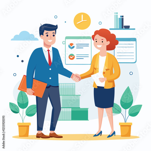 People shaking hands at work - Two businesspeople, man and woman doing handshake in office at work while smiling over business agreement and deal. Flat design stock illustration on white background