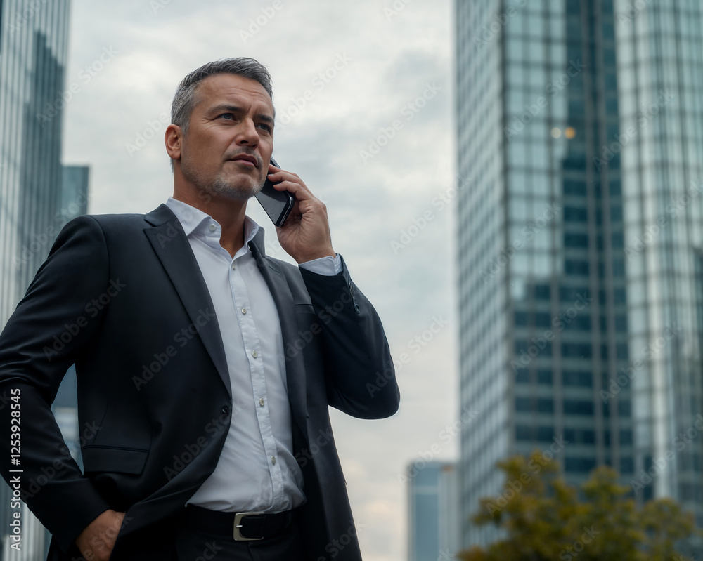 Senior executive in a financial district taking an important call. Senior executive in a financial district taking an important call.
