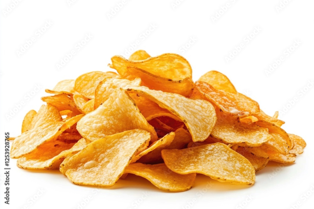 A stack of crispy potato chips on a clean white surface A stack of crispy potato chips on a clean white surface