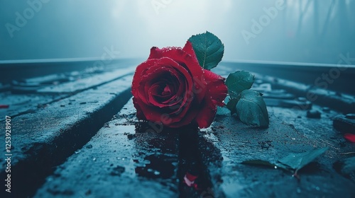 Solitary Red Rose on a Misty Railroad Track