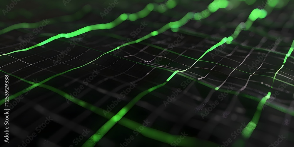 Abstract Green Data Stream: A mesmerizing close-up of an abstract data stream, vibrant green lines pulsate and flow across a dark grid.