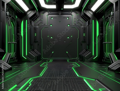 Sci-Fi Corridor: A futuristic hallway with sleek, black walls and glowing green lines, leading to an unknown destination. The design is minimalist and modern.