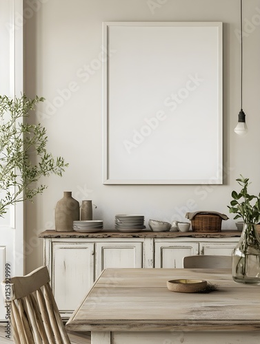 A cozy country-style dining space with a blank white frame above a buffet table.