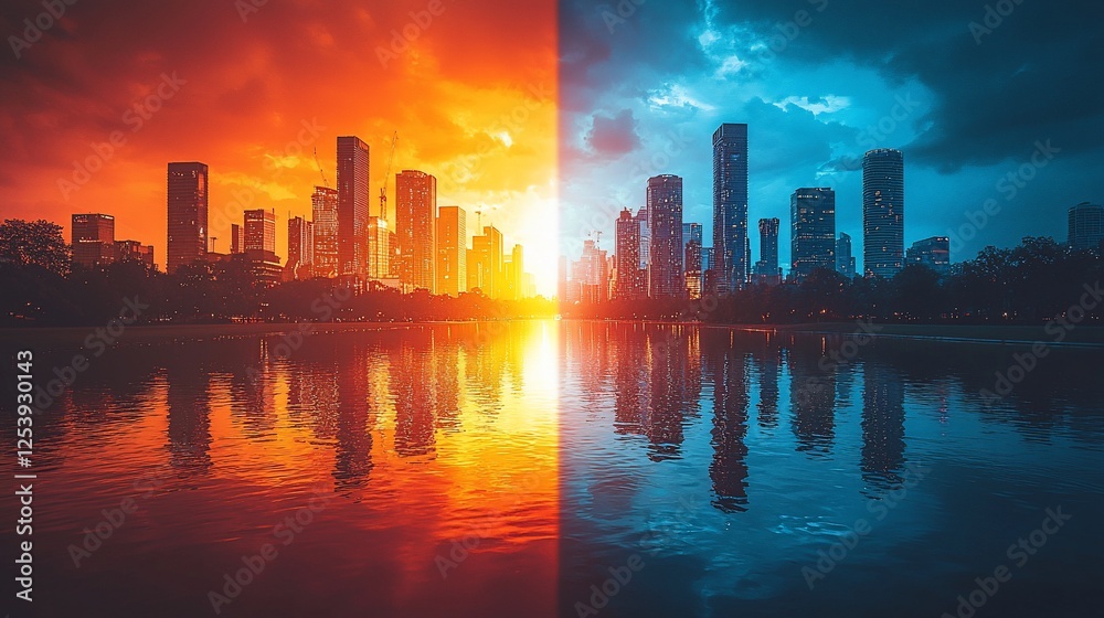 Fototapeta premium Cityscape split sunset sunrise reflection lake