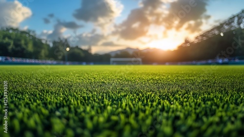 Vibrant green soccer field at sunset, perfect setting for a thrilling match
