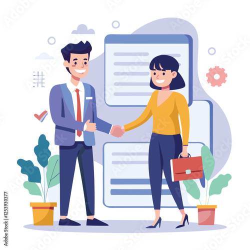 People shaking hands at work - Two businesspeople, man and woman doing handshake in office at work while smiling over business agreement and deal. Flat design stock illustration on white background