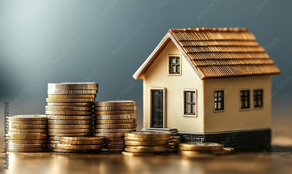Miniature House Beside Stacked Gold Coins On Wooden Table Miniature House Beside Stacked Gold Coins On Wooden Table