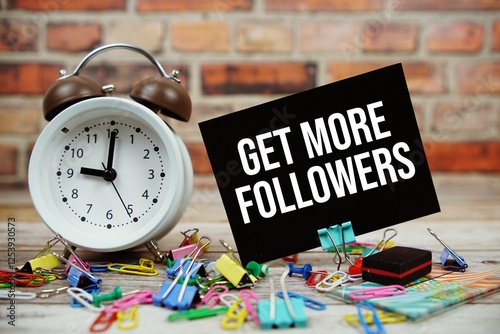 Get More Followers text on paper card with alarm clock and stationary on wooden background photo