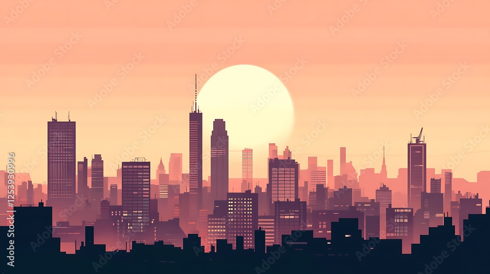 Fototapeta premium Cityscape Silhouette at Sunset Over Modern Buildings