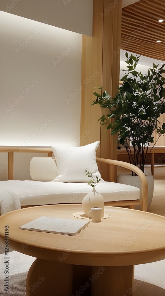 Fototapeta premium A cozy Japandi reading nook with neutral-colored pillows and a framed blank canvas.