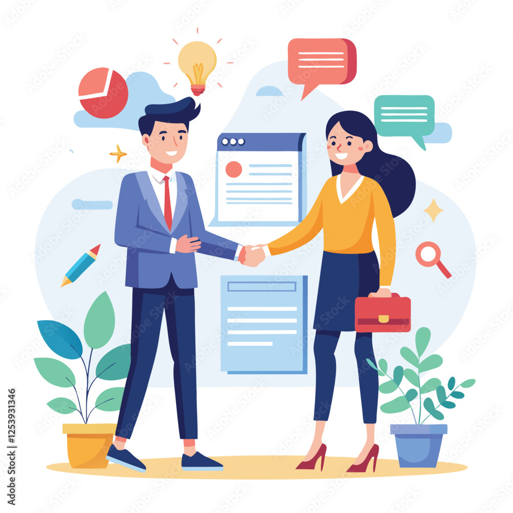 People shaking hands at work - Two businesspeople, man and woman doing handshake in office at work while smiling over business agreement and deal. Flat design stock illustration on white background People shaking hands at work - Two businesspeople, man and woman doing handshake in office at work while smiling over business agreement and deal. Flat design stock illustration on white background