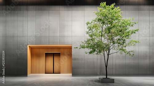 Modern Minimalist Architecture with Elegant Tree in Front of Textured Concrete Wall, Showcasing Harmony Between Nature and Urban Design photo