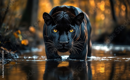 A black panther with yellow eyes stands in water, reflected in the river, against an ancient forest backdrop