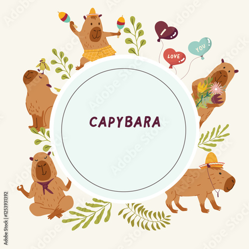 Round background with copybars with different activities, leaves, twigs, space for text, hand drawn illustration.