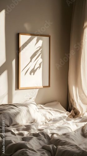A cozy Japandi-inspired bedroom with linen bedding, a single white frame, and soft sunlight filtering in.
