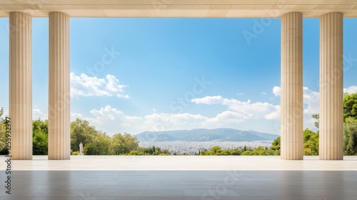 Serene View from Modern Architectural Structure with Iconic Columns Overlooking Lush Green Landscape and Clear Blue Sky in a Scenic Outdoor Setting