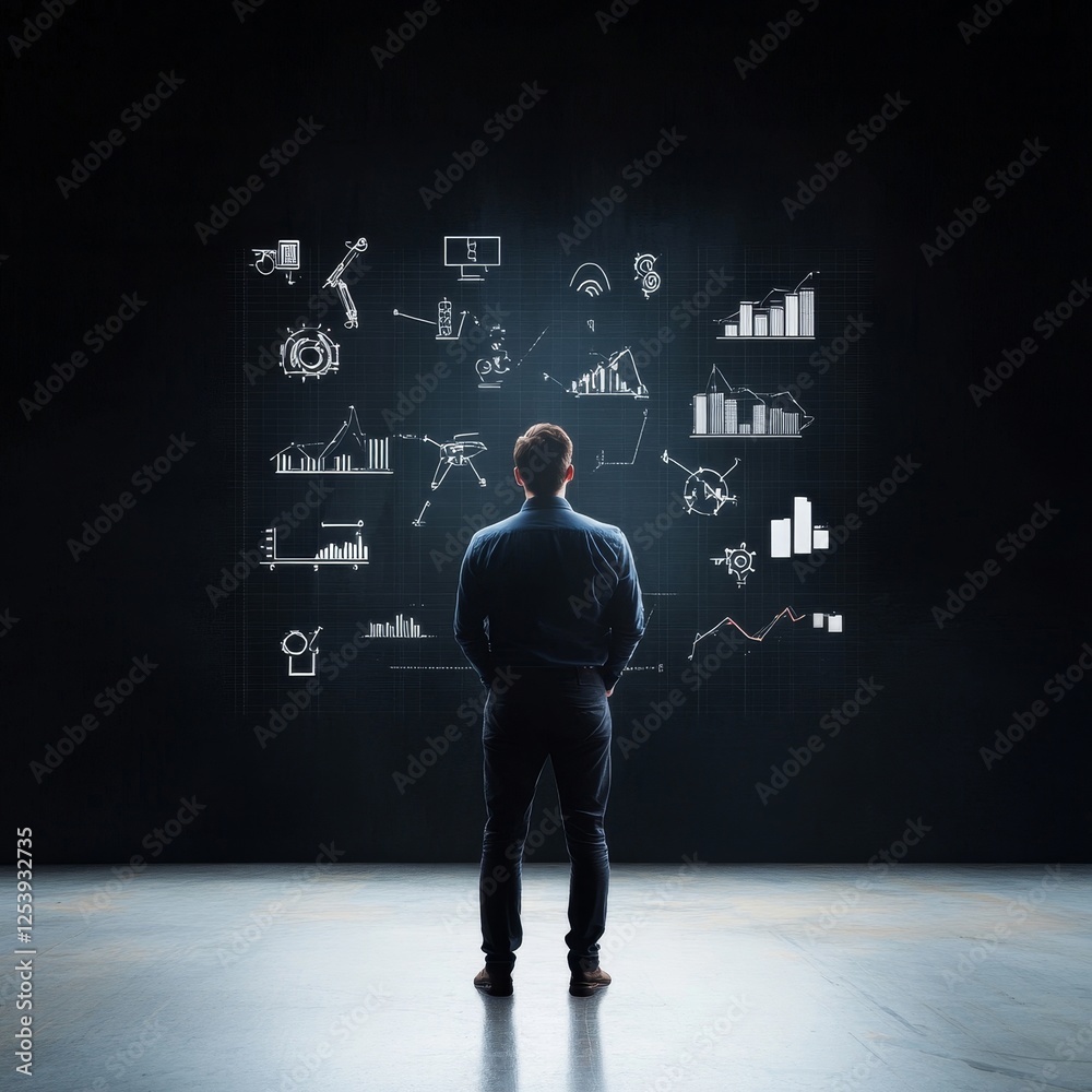 Businessman Analyzing Data Charts and Graphs in Dark Office Environment with Futuristic Visualizations of Financial Information and Market Trends Businessman Analyzing Data Charts and Graphs in Dark Office Environment with Futuristic Visualizations of Financial Information and Market Trends