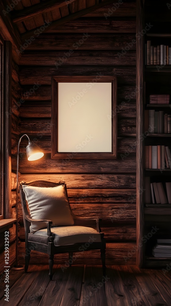 Fototapeta premium A cozy reading spot in a rustic wooden cabin, with soft lighting and a blank frame.