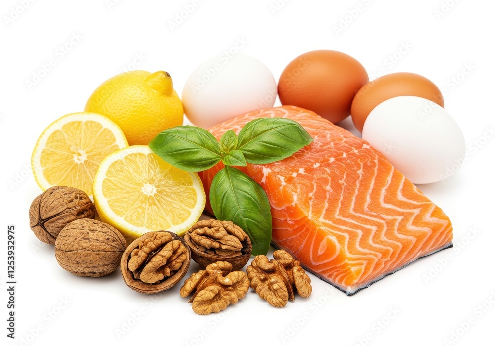 A selection of healthy ingredients including a raw salmon fillet, walnuts, basil leaves, lemon slices and whole eggs A selection of healthy ingredients including a raw salmon fillet, walnuts, basil leaves, lemon slices and whole eggs