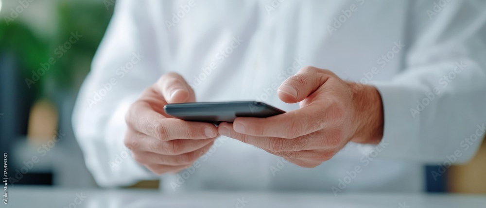 man holding cell phone at desk man holding cell phone at desk