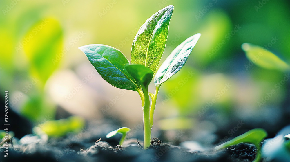 Emerging Life: A new plant sprout reaches for the light, symbolizing growth and potential in the garden. Close-up shot. Emerging Life: A new plant sprout reaches for the light, symbolizing growth and potential in the garden. Close-up shot.