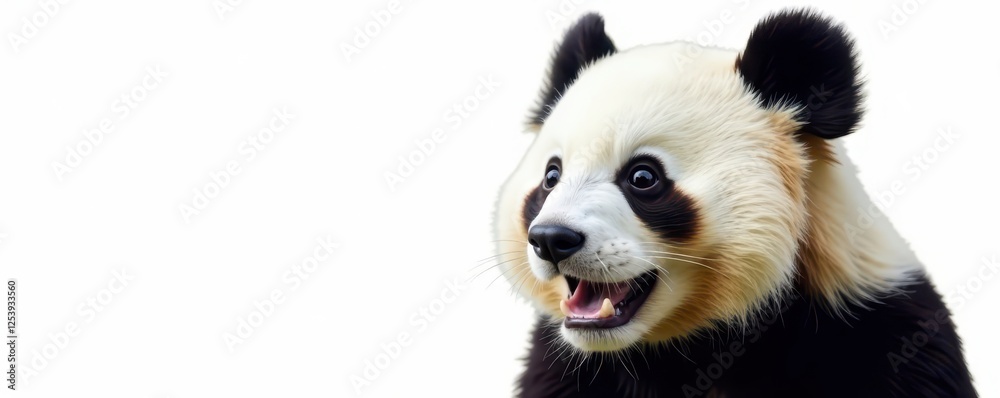 Fototapeta premium Close-up of a panda's expressive face, pure white backdrop, studio shot, black and white, portrait