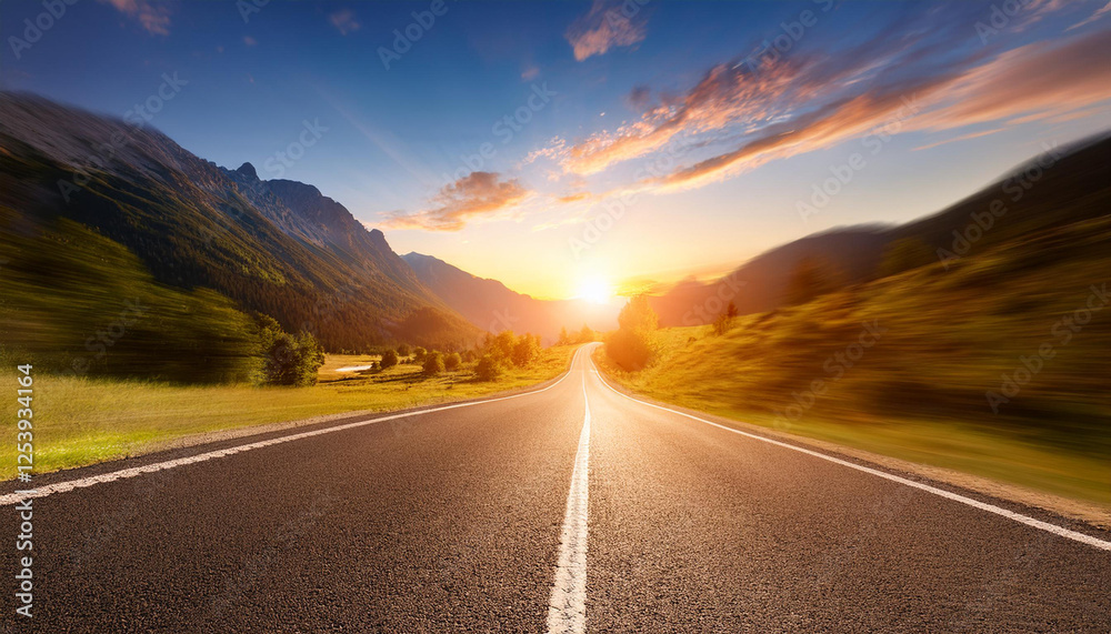 Naklejka premium lengthy empty mountain street beneath a brilliant sunset on a sunny summer day with a speed movement blur effect best for a copy area picture