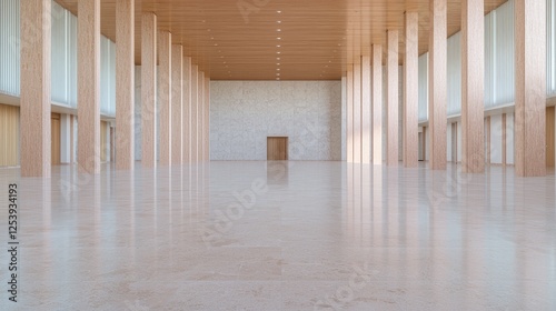 Empty Modern Hallway with Wooden Columns