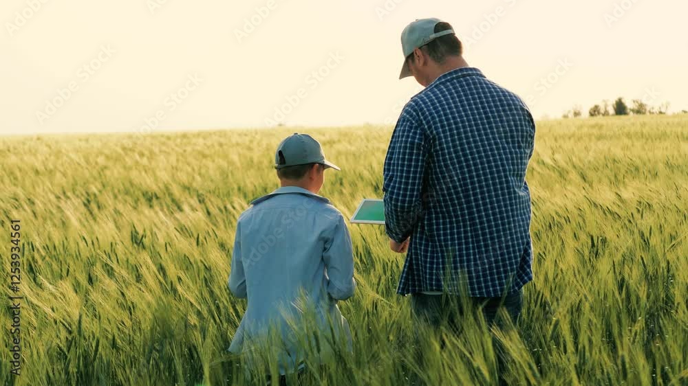 child kid baby son boy with father farmer working wheat field, agriculture, farmer with tablet inspecting wheat ripening field, family farming business, little son child helping father farmer green