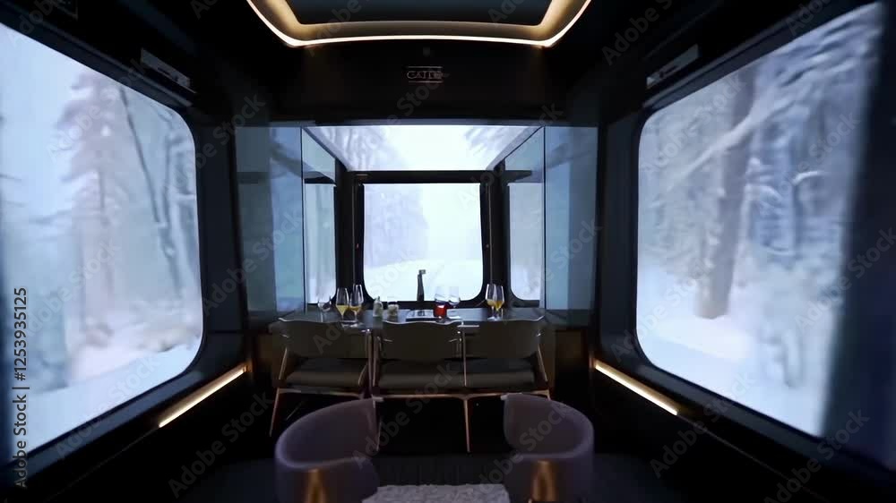 A black, modern train with panoramic windows. The interior features an open bar, glass walls, and large windows. It flies through winter forests