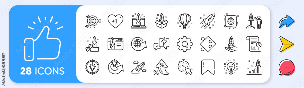 Obraz premium Startup line icons. Interest rate, AI generate, Inflation icons. Launch Project, Business report, Target icons. Strategy, Development plan, Startup space rocket. Vector