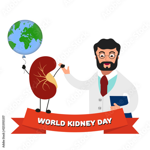 World kidney day awareness. Kidney cartoon holding air balloon world with doctor
