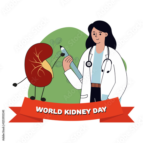 World kidney day awareness. Kidney cartoon with doctor