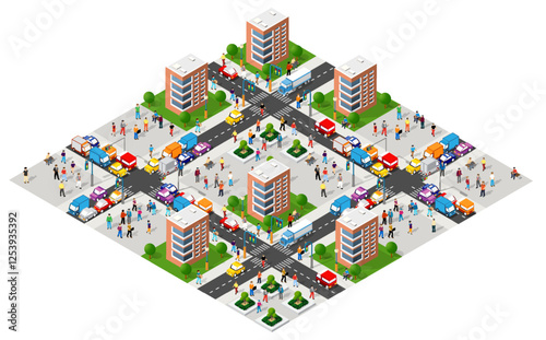 Busy urban intersection with pedestrians and traffic