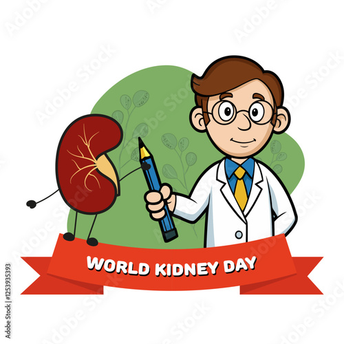 World kidney day awareness. Kidney cartoon with doctor