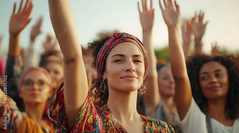 Multicultural women raising hands for equality Multicultural women raising hands for equality