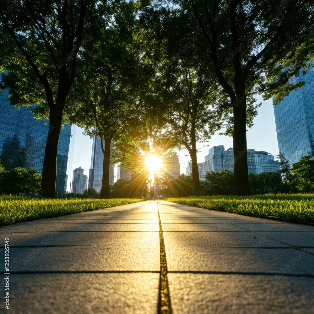 urban pathway leads to sunlit city urban pathway leads to sunlit city