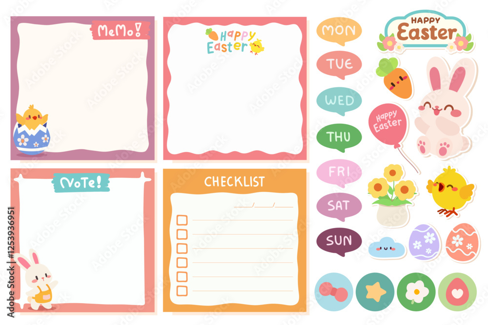 Cute Easter Planner and Stickers Set for Organization. A colorful Easter themed planner set featuring memo pads, checklists, and adorable stickers with bunnies, chicks, and festive decorations. Cute Easter Planner and Stickers Set for Organization. A colorful Easter themed planner set featuring memo pads, checklists, and adorable stickers with bunnies, chicks, and festive decorations.