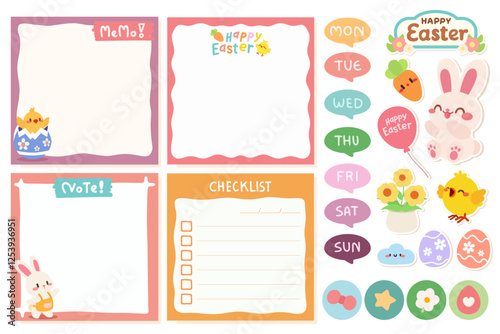 Cute Easter Planner and Stickers Set for Organization. A colorful Easter themed planner set featuring memo pads, checklists, and adorable stickers with bunnies, chicks, and festive decorations.