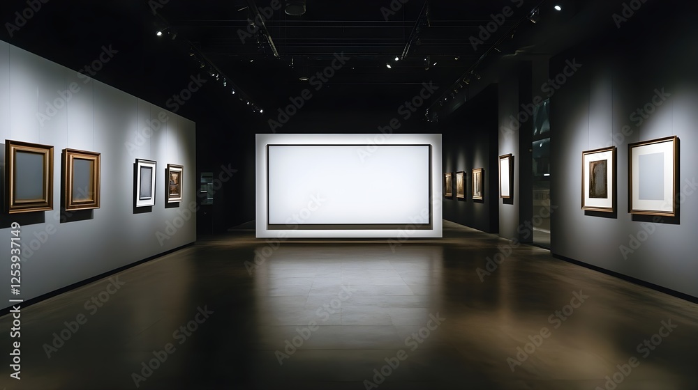 A dark-walled art gallery with spotlighting on a large white frame. A dark-walled art gallery with spotlighting on a large white frame.