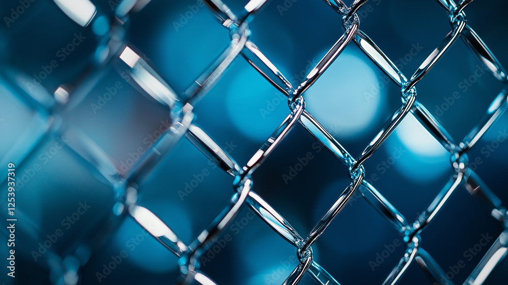 Fototapeta premium Shiny metal chain link fence with blurred blue background, creating modern and industrial feel