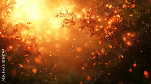 Warm glowing autumn leaves with sparkling bokeh in soft light