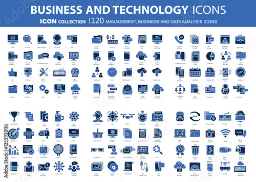 Business and marketing, programming, data management, internet connection, social network, computing, information. Flat vector illustration