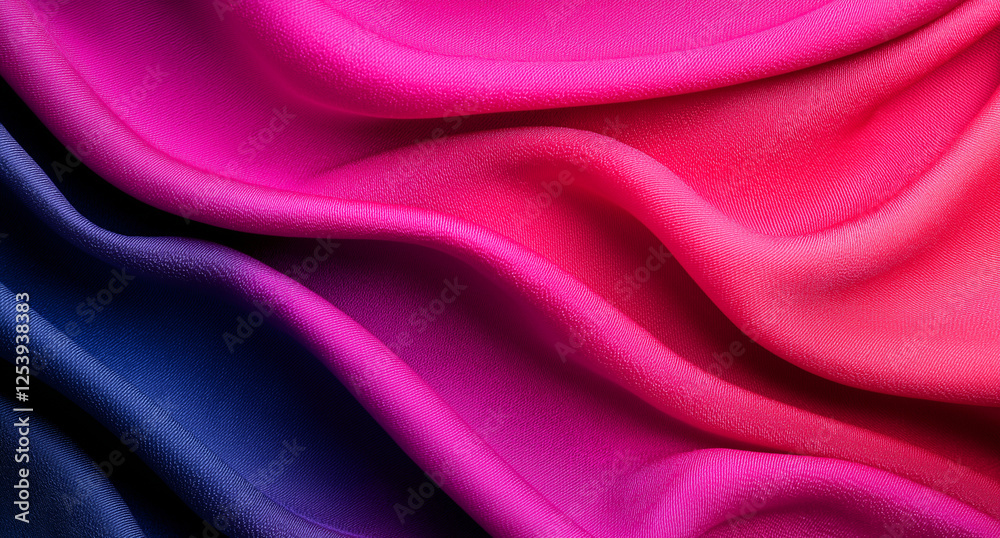 Fototapeta premium Soft fabric waves in vibrant pink and purple hues create stunning visual. smooth texture and rich colors evoke sense of elegance and luxury, perfect for fashion or design projects