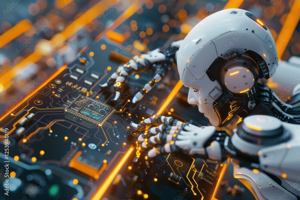 Fototapeta premium Advanced Robotics in High-Tech Electronics Assembly Line for Precision Soldering